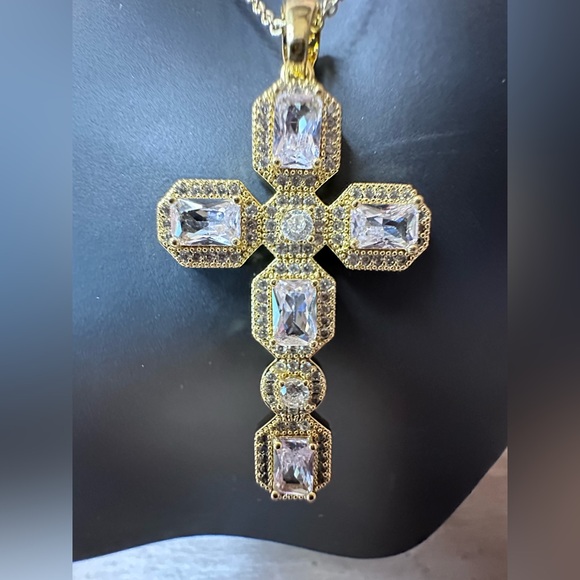 Adina Eden Jewelry - Elegant Gold Cross With CZ Pendant Necklace. 16” Chain.